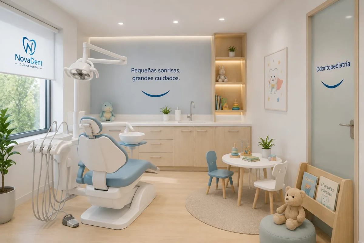 Sala de odontopediatría acogedora con decoración infantil y equipamiento diseñado para niños